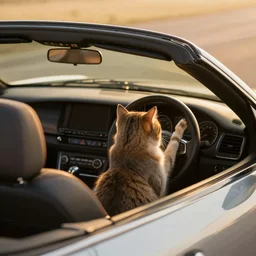 cat driving in a cabriolet, golden hour, top view, golden ratio