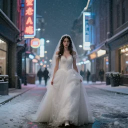 woman in a wedding dress walking through the city at night. neon signs. hyper detailed. socialist realism. beautiful and eerie. it is snowing