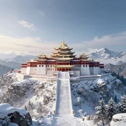 a scene concept design depicting a palace at the top of a snowy mountain in changbai, with a magnificent atmosphere ， super wide angle ， matte painting ， rtx on ， trending on cgsociety and artstation, unreal engine ， volumetric light ， poster style ，