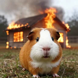 a Guinea pig taking a selfie in front of a burning house