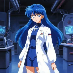 in the style of late 9 0's anime : : idealistic art : : holographic science girl researcher blue hair : : shadow future lab background interior