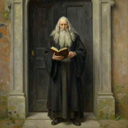 a beautiful painting of an old wizard holding a book and standing in front of an ancient door, by andrew wyeth