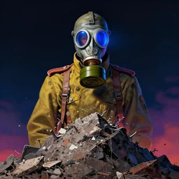 portrait of futuristic world war 1 russian soldier with gp - 5 gas mask with blue light glowing, on top of a giant debris pile, dark night background, trendy colors, high details, dripping paint, greg rutkowski, craig mullins, ash thorpe, fibonacci rhythm ar