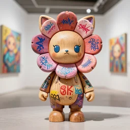 8 k octan, advertising, highly detailed, photo, a totally wooden figurine collectible art toys wooden on feet, very cute fat fashion cyborg flowers zen with cat ears, graffiti colored cyberpunk a contemporary art gallery, symetrical, masterpiece, nofinito, design