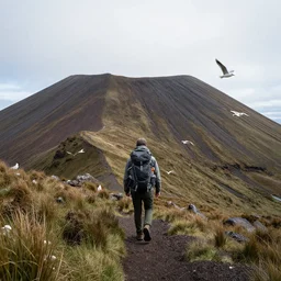one person with backpack hiking on mount doom, seagulls surrounding the mountain