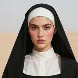 professional head shot concept art of a beautiful fashion model wearing catholic spiritual clothes by reza nia, nick knight, amy judd, jil sander minimal elite style, posed, hyper realistic face, beautiful brown eyes, flushed cheeks, professional makeup, desert scene, low shot, medium format 1 1 0 mm lens, sharp focus, 8 k, stunning matte painting