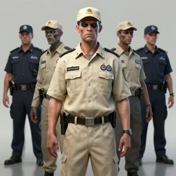 ( beige uniform and caps zombies ) ( security officers ) trending on artstation very realistic proportional accurate high detail 4 k 8 k hd