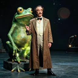the full body shot of crazy salvador dali as emperor of universe in front of statue of pepe the frog | still frame from the prometheus movie by ridley scott with cinematogrophy of christopher doyle and art direction by hans giger, anamorphic bokeh and lens flares, 8 k