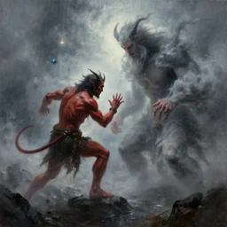 ''cinematic shot'' devil fighting god clouds rainny foggy magical particles floating realistic atmosferic made by ivan aivazovsky, peter mohrbacher, greg rutkowski volumetric light effect broad light oil painting painting fantasy art style sci - fi art style realism premium prints available artwork unreal engine