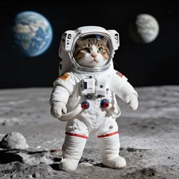 cat wearing astronaut suit on the moon sigma 1 4 mm f / 1. 8 planet earth in the background