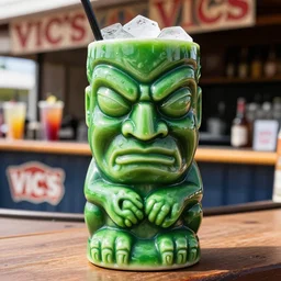 a closeup photorealistic photograph of a glossy green hulk style tiki mug sitting at an outdoor trader vic's bar featuring hulk's face. tiki theme. icy colorful drink. bright scene. fine detail. this 4 k hd image is trending on artstation, featured on behance, well - rendered, extra crisp, features intricate detail, epic composition and the style of unreal engine.