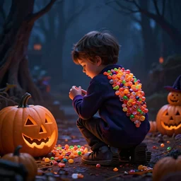 little kid enjoying the spirit of hallows eve filling his back with candy love and darkness, volumetric lighting, 8 k octane beautifully detailed render, post - processing, extremely hyper - detailed, intricate, epic composition, cinematic lighting, masterpiece, trending on artstation, detailed detailed detailed, masterpiece, stunning art by anders zorn, wonderful masterpiece by greg rutkowski, beautiful cinematic light,