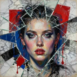 languid temptation. mixed media collage with shattered glass and marble texture in style of contemporary art, punk art, photorealistic face, expressionism, masterpiece, perfect composition, photorealistic beautiful face, spectacular quality, deep shadows, intricate oil details, red, white, blue, black