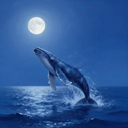 a whale leaps up from the blue sea, a full moon illuminates the sea in the dark night, a dreamy and crystal atmosphere, the dreamy crystal atmosphere ， super wide angle ， matte painting ， rtx on ， by karine eibatova and jordan grimmer and john pitre ， trending on cgsociety and artstation, volumetric light ， surreal