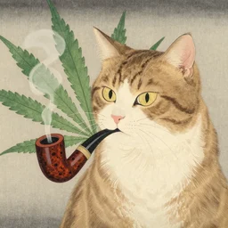 stoner cat smoking pipe with cannabis leaf background, in the style of utamaro, japanese woodblock, classical japanese art, traditional japanese art, kitty, cat, neko, weed, marijuana, cannabis, highly detailed, beautiful colors, award winning, ink and watercolor