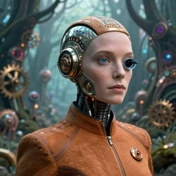35mm portrait of a 7 of 9 borg with eye implant, on the background of a weird magical mechanical forest. Round gears visible inside her hear. Very detailed 8k. Fantasy cyberpunk horror. Sharp. Unreal 5 render with nanite, global illumination and path tracing. Cinematic post-processing
