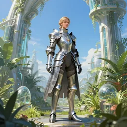 female knight errant in a high tech botanical world with blue skies| pristine metals, glass and plants | solarpunk | artstation | | high detail | Jules Joseph Lefebvre
