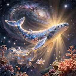 glimmering whale, flowing dress, flowers, cosmos, milky way galaxy, swirling, dancing, golden hour, god rays, coral reef, dreamscape by artgerm and ruan jia and ismail inceoglu and greg olsen, masterpiece, beautiful, intricate, elegant, highly detailed