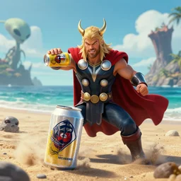thor smashing beer cans on an alien beach