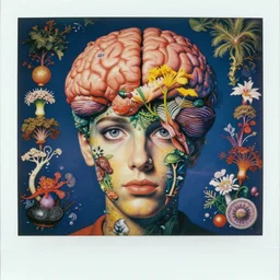 a highly detailed realistic surreal trippy weird beautiful mysterious stunning award winning intricate colorful chromatic aberration, 9 0 s toy commercial, from the 7 0 s, polaroid painting portrait of all of the world's botanical knowledge in one brain, by zdzislaw beksinski, by ernst haeckel, 8 k, hi - res,