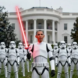 Obama leading an Army of Stormtrooper to attack the White house, Obama has a red lightsaber in his right hand, high field of view, 40nm lens, shallow depth of field, split lighting, 4k,