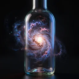 nebula explosion inside a glass of bottle, unreal engine, beautiful