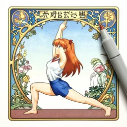 an art nouveau copic maker illustration of asuka langley doing yoga by norman rockwell and john berkey