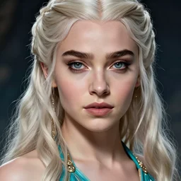 Daenerys Targaryen with a piercing gaze and wearing a oceanic bikini as the queen of atlantis, highly detailed face, realistic face, beautiful detailed eyes, fantasy art, in the style of Joel Santana, illustration, epic, fantasy, intricate, hyper detailed, artstation, concept art, smooth, sharp focus, ray tracing, vibrant, photorealistic