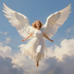 the angel of light, feathered wings, clouds, joy, a beautiful matte painting trending on artstation, james gurney and thomas kincade, hyperdetailed