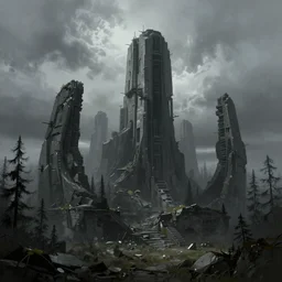 Monumental old ruins tower of a dark misty forest, overcast, sci-fi digital painting by Simon Stålenhag