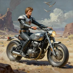 moebius and ralph mcquarrie style retro motorbike motorcycle futuristic sci - fi painting, thx 1 1 3 8, logan's run