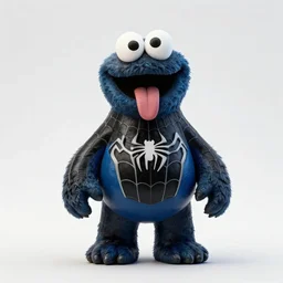 portrait cookie monster venom hybrid, highly detailed, shaded, cookie, tongue, black and blue spiderman outfit, ultra realistic