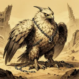 bloated featherless large falcon-octopuss hybrid, dragon-like, large body, angry, chained up, chains, world of warcraft art style, wow cinematic cutscene, sand, desert ruins, lovecraftian, dnd, eldritchpunk, ink sketch by mark Harrison