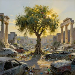 tree growing in ancient greek ruins, gray wasteland, many scrap cars, plastic waste, rubble, pillars and arches, flowers, vines, hyperrealistic, highly detailed, cinematic, single ray of golden sunlight, beautiful, cgssociety, artstation, 8 k, oil painting by greg rutkowski, by artgerm, by wlop