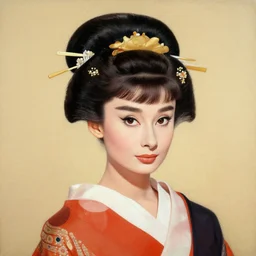 painting of audrey hepburn as maiko with hair decoration in ukiyo - e art, half body, 4 k, ultra detailed, photo realistic