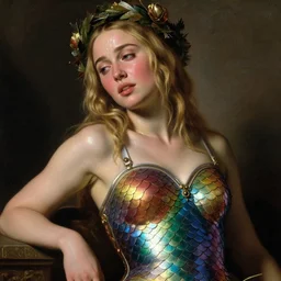 blushing, sweating, seductive young emilia clarke, blonde hair, wearing rainbow scales armour, posing seductive, looking seductively, ornate wreath, oil painting by titian, hard focus