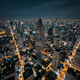 sci - fi bangkok cityscape. wide angle night photo. helicopter view. exaggerated detail. volumetric lighting. by masamune shirow.