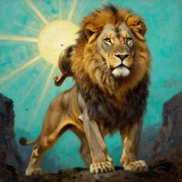 close up of muscular lion barbarian hunter full body in strong portrait pose, sun rays , small bird sihouettes  in cyan background , very textured detailed  oil painting by rembrandt , hard backlight , in dark cave