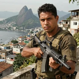 photorealistic  favela rio with precise rendered guns arsenal with intricate details of gun happy people in  by  Justin Gerard