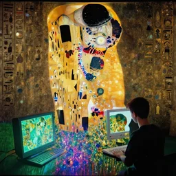miro, klimt, petroglyphs, hieroglyphics, vintage, brutalist, bakzinski, contrast, vallejo, shimmer, leds, flare, shift tilt, bokeh, ornate, entities, eyeball in throat, alternative human evolution, each decades concept of another decade, the boy is followed by the computer, i see my friend made of ink