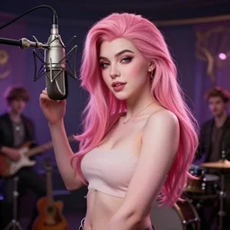 seraphine, from league of legends, pink hair, studio microphone, musical instruments, au naturel, hyper detailed, digital art, trending in artstation, cinematic lighting, studio quality, smooth render, unreal engine 5 rendered, octane rendered, art style by klimt and nixeu and ian sprigger and wlop and krenz cushart