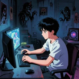 illustration of teenager playing video games inside ominous creepy 1 9 8 0's teenagers bedroom. manga style of kentaro mirua,