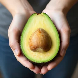 closeup photo of my hands holding half of avocado fruit