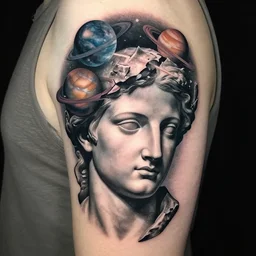 planets emerge from the top of a broken renaissance head statue, tattoo design, hyper - realistic, in the style of tony santos
