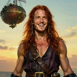 realist portrait painting of a young rugged joyful long long hair soft hair crimson hair male pirate minimalist clothing upper body elegant muscular rugged handsome steampunk wood brass ornate mechanical zeppelin airship in upper left corner background sky sunset golden hour fantasy rugged character art atmospheric lighting art by mullins rutkowski bussiere