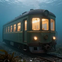 hyperealistic underwater old train with glowing window, high detailed, misty glows, seaweed, digital art