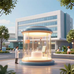architectural render of glowing sci fi container alongside a modern hospital in a pleasant urban setting, award - winning, high res, 4 k, artstation