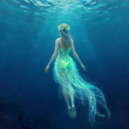 a very detailed oil painting of a bioluminescent water nymph in the ocean. view from behind, wide angle view, back view. trending on artstation, contest winner