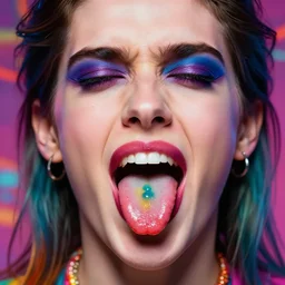 a colorful vibrant closeup portrait of a villain licking a tab of lsd acid on his tongue and dreaming psychedelic hallucinations, by moebius, edward hopper and james gilleard, zdzislaw beksinski, steven outram colorful flat surreal design, hd, 8 k, artstation