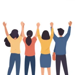 team of 4 people vector illustration, no faces, hands raised in joy, vector illustration, white background